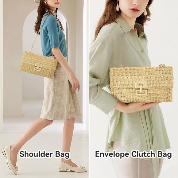 Straw Clutch Purse for Women, Woven Beach Bag Summer Corssbody Purse Small Ratta - Picture 6 of 7